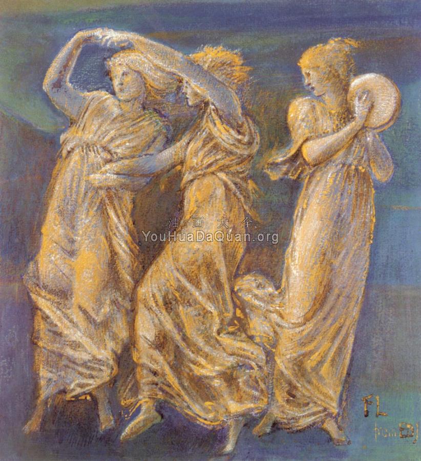 Three Female Figures Dancing And Playing - 爱德华·科莱·伯恩·琼斯